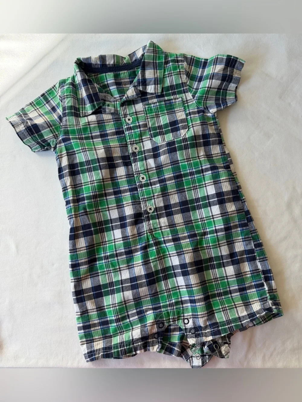 Carter’s Super-Fun Green & Blue Plaid Button Up Romper Toddler Size 24M